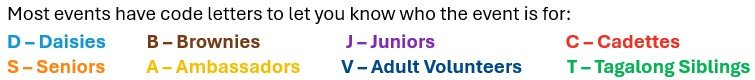 Most events have code letters to let you know who the event is for:
D – Daisies
B – Brownies
J – Juniors
C – Cadettes
S – Seniors
A – Ambassadors
V – Adult Volunteers
T – Tagalong Siblings
